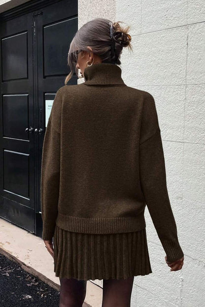 Koriora | Ensemble 2 Pièces Emily Chocolat — Col Roulé Oversize & Jupe Plissée Automne