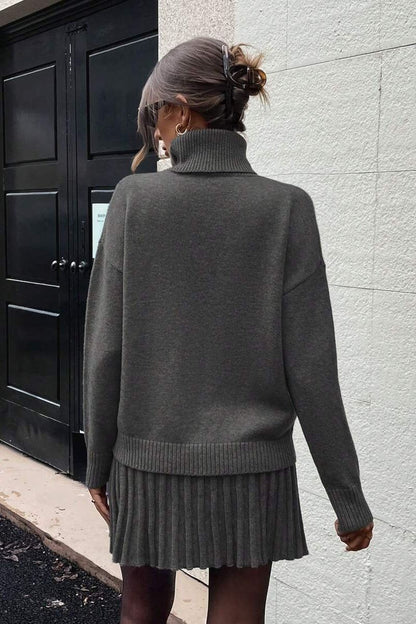 Koriora | Ensemble 2 Pièces Emily Chocolat — Col Roulé Oversize & Jupe Plissée Automne