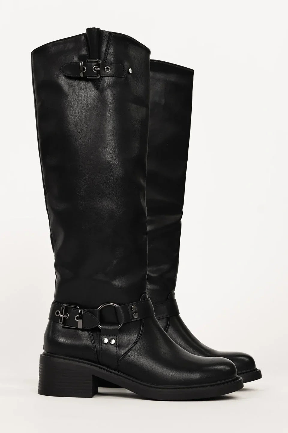 Women's Leather Equestrian Knee-High Boots with Buckles & Block Heel in Black