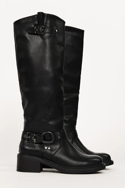 Women's Leather Equestrian Knee-High Boots with Buckles & Block Heel in Black