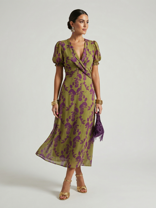 Koriora | Robe Midi Cache-Cœur Florale Manches Courtes — Confort & Élégance Quotidienne