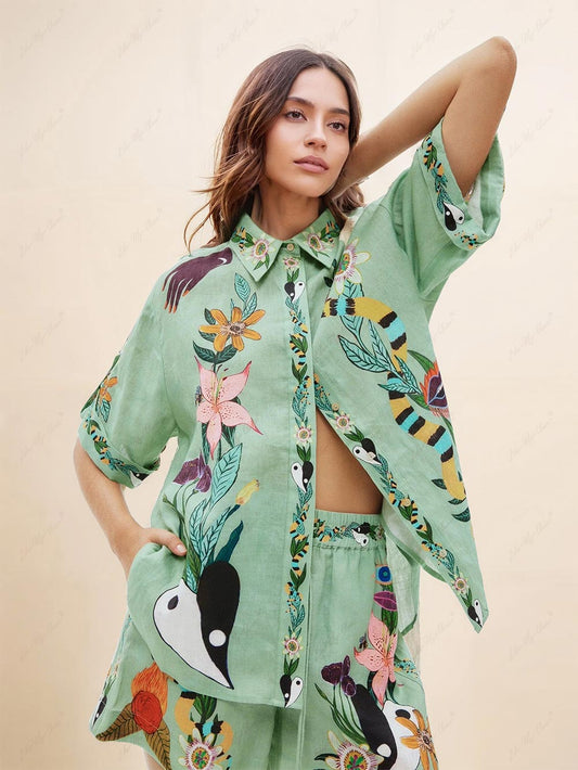 Koriora | Ensemble estival imprimé artistique – Chemise oversize et short