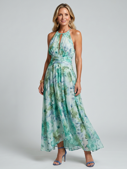Koriora | Robe Midi Halter Plissée Keyhole — Légère & Élégante