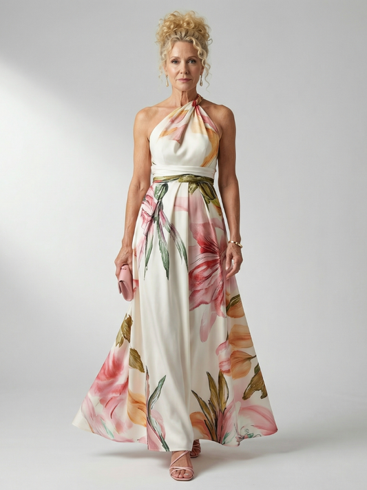 Koriora | Robe Maxi Halter Florale Grand Motif — Fluide & Élégante
