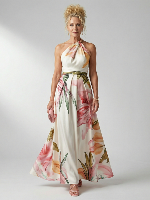 Koriora | Robe Maxi Halter Florale Grand Motif — Fluide & Élégante