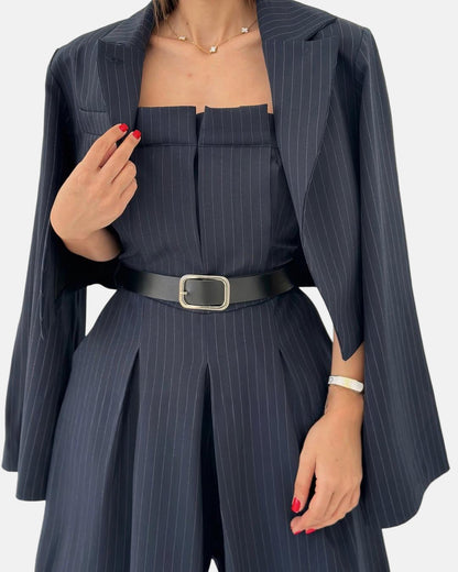 Koriora | Combinaison Tailleur 3 Pièces Noire — Bustier Structuré, Pantalon Large & Veste Coordonnée