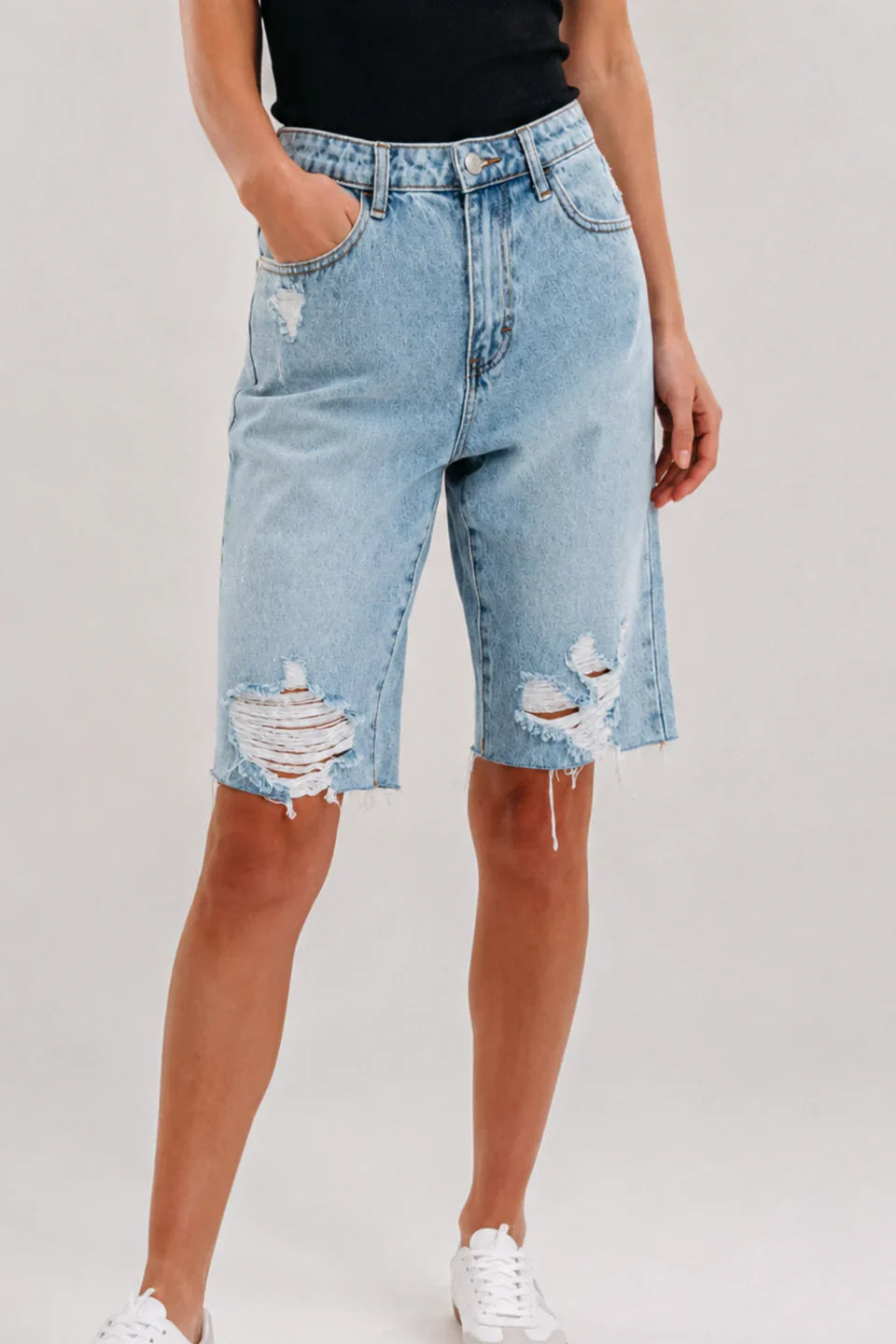 Koriora | Bermuda Jean Femme Destroy — Coupe Droite Taille Haute & Style Casual Authentique