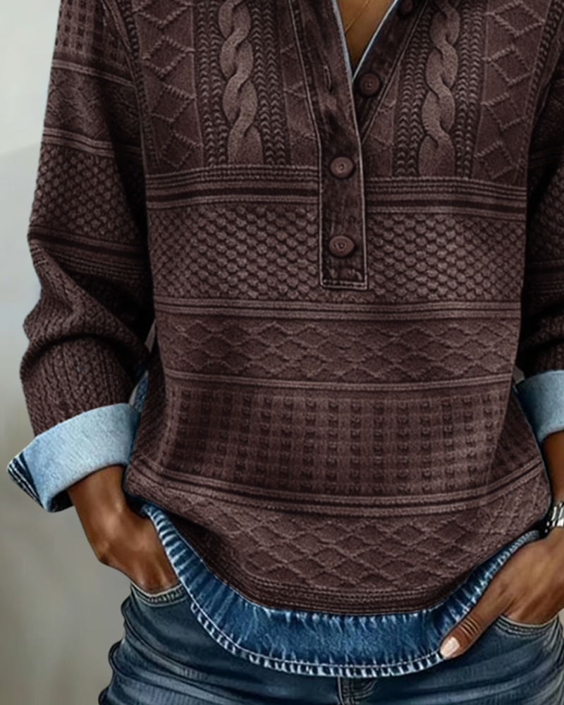 Koriora | Denim-Effect Knitted Polo-Neck Top — Half-Button Fastening and Relaxed Everyday Elegance