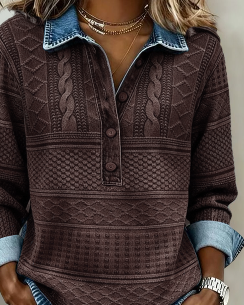 Koriora | Denim-Effect Knitted Polo-Neck Top — Half-Button Fastening and Relaxed Everyday Elegance