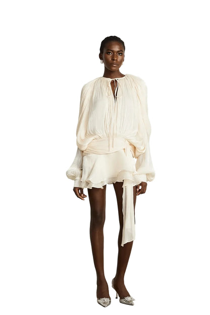 Koriora Robe Mini Bohème Ivoire à Manches Bouffantes – Robe Fluide Élégante Femme