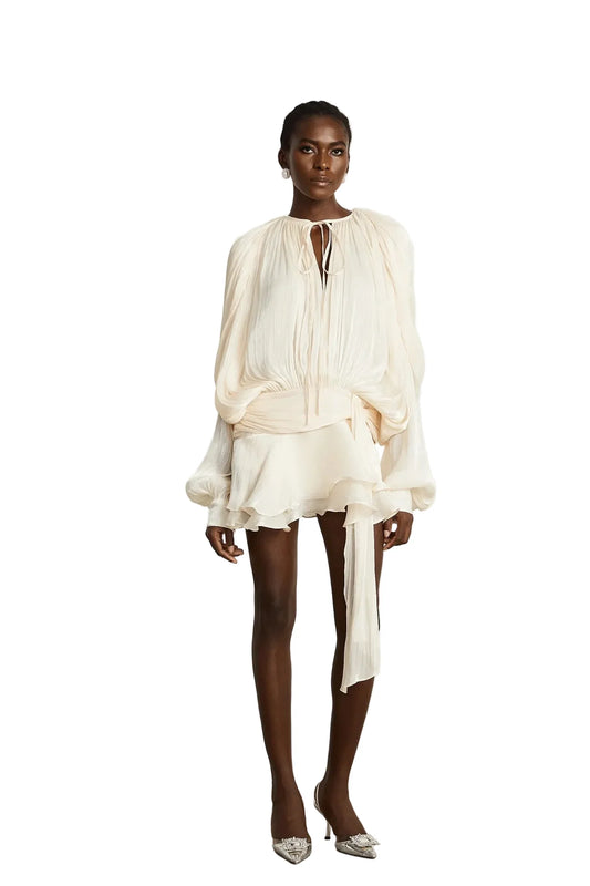Koriora Robe Mini Bohème Ivoire à Manches Bouffantes – Robe Fluide Élégante Femme