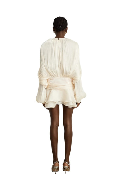 Koriora Robe Mini Bohème Ivoire à Manches Bouffantes – Robe Fluide Élégante Femme