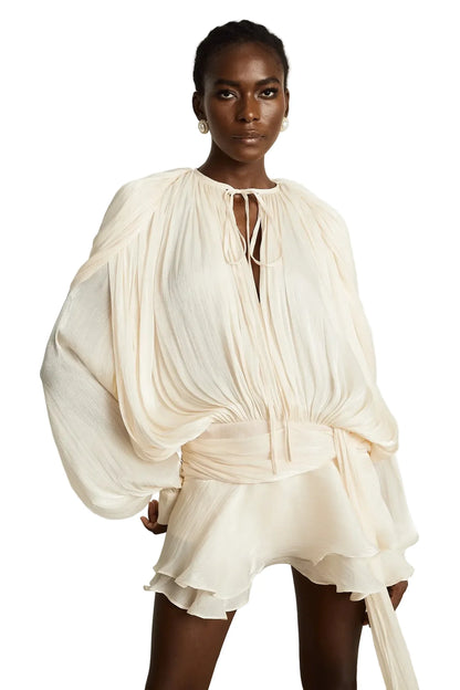 Koriora Robe Mini Bohème Ivoire à Manches Bouffantes – Robe Fluide Élégante Femme