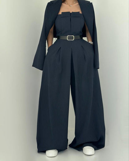 Koriora | Combinaison Tailleur 3 Pièces Noire — Bustier Structuré, Pantalon Large & Veste Coordonnée