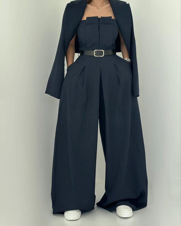 Koriora | Combinaison Tailleur 3 Pièces Noire — Bustier Structuré, Pantalon Large & Veste Coordonnée