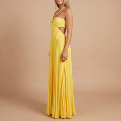 Koriora | Robe Longue Halter Plissée Soléna — Jupe Fluide & Élégance Solaire