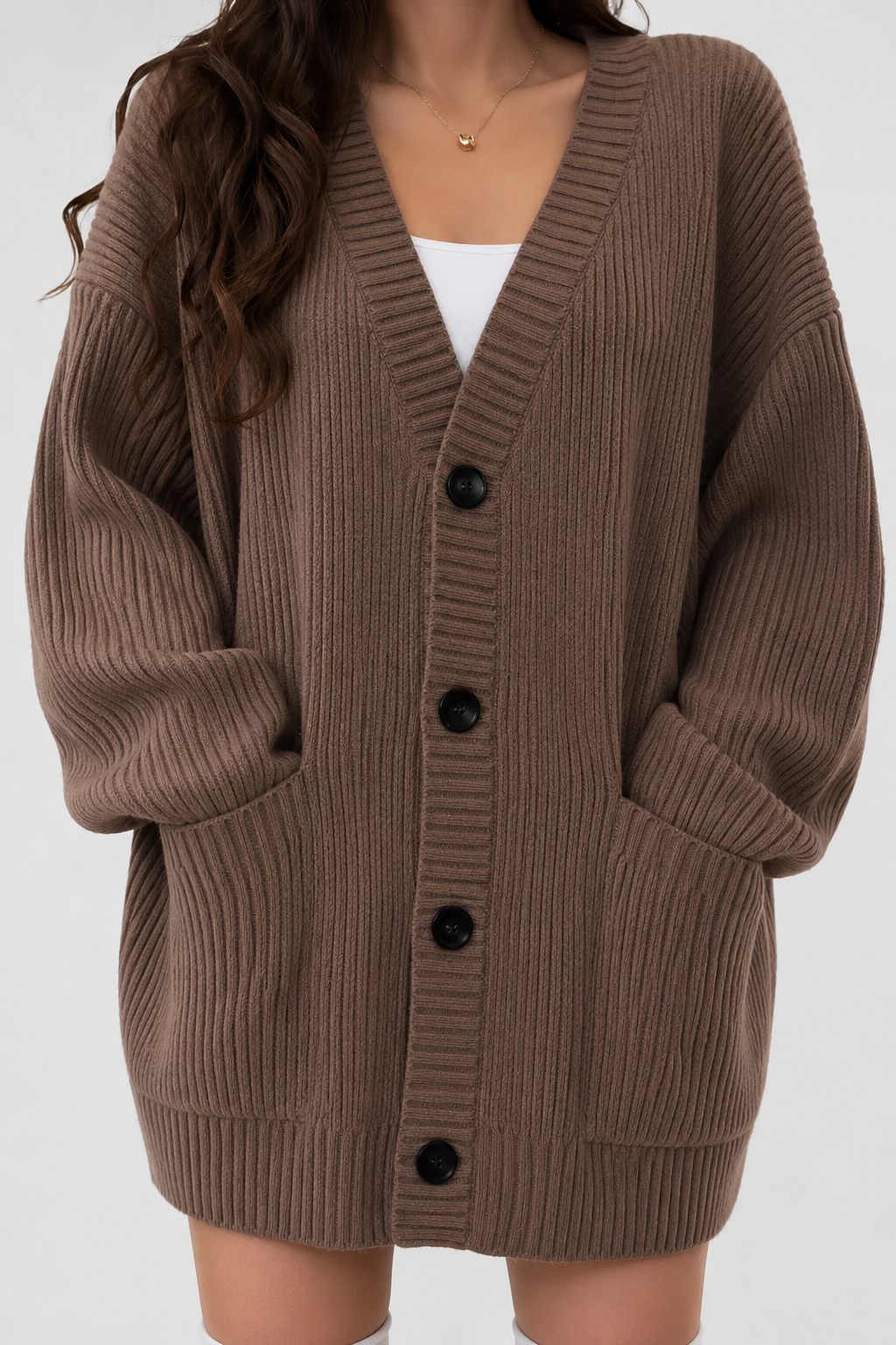 Koriora | "Alba" Oversized Long Ribbed Cardigan — Button-Through V-Neck with Patch Pockets, Black