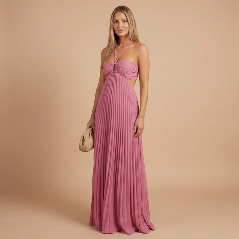 Koriora | Robe Longue Halter Plissée Soléna — Jupe Fluide & Élégance Solaire