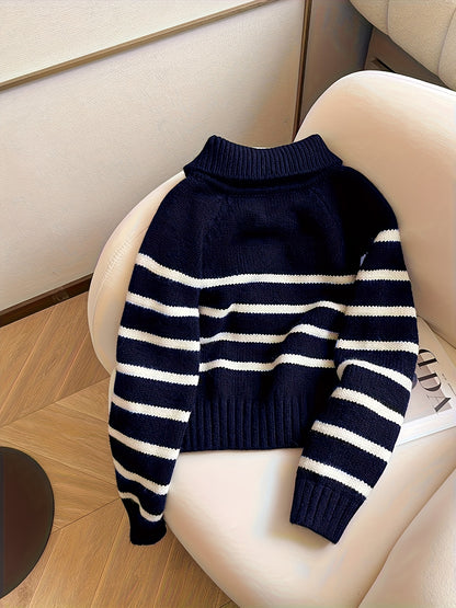 Pull Femme Rayé à Col Zippé en Maille Épaisse