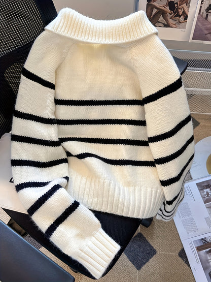 Pull Femme Rayé à Col Zippé en Maille Épaisse