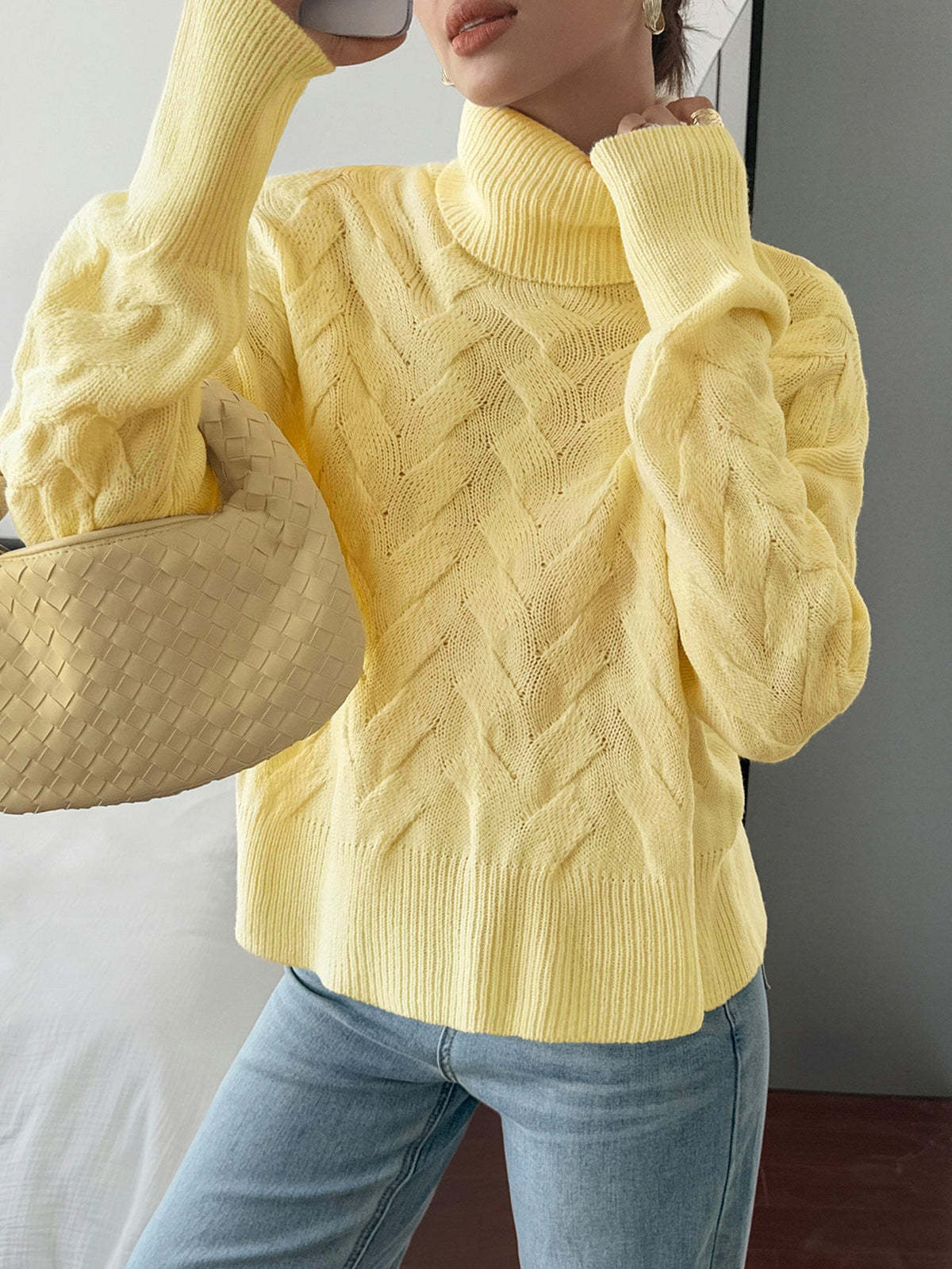 Koriora | "Margaux" High-Neck Cable-Knit Jumper — Soft Stretch Knit, Butter / Cream / Pink