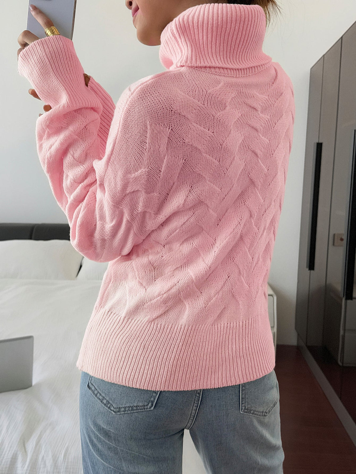 Koriora | "Margaux" High-Neck Cable-Knit Jumper — Soft Stretch Knit, Butter / Cream / Pink
