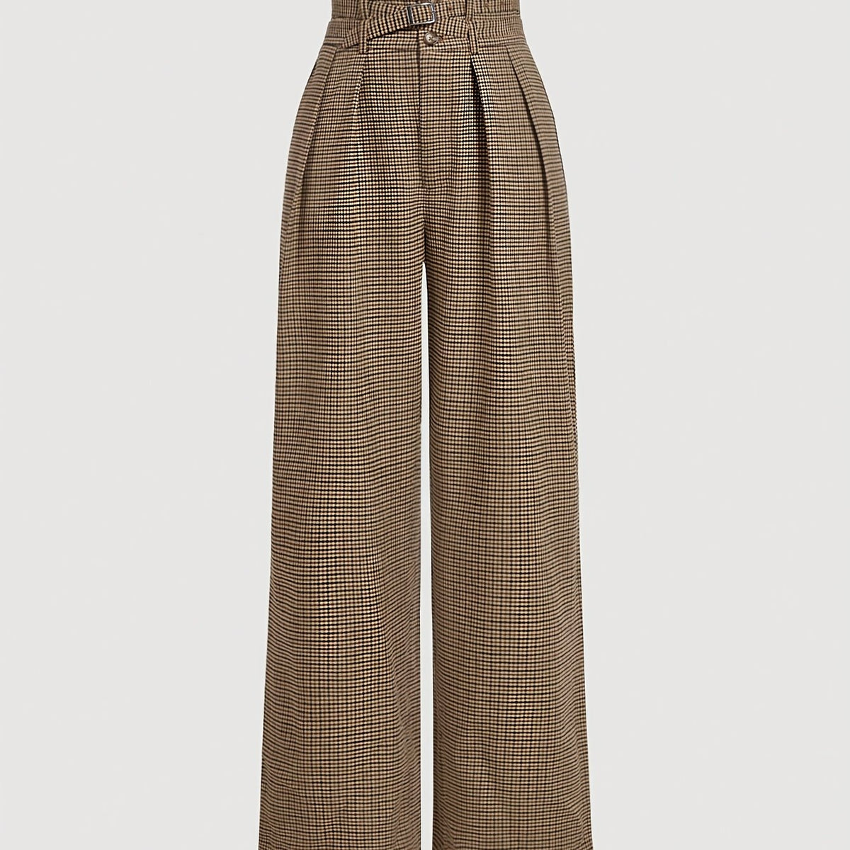 Pantalon Femme Large à Carreaux Marron  Taille Haute à Pinces & Ceinture