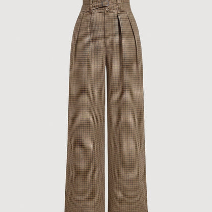 Pantalon Femme Large à Carreaux Marron  Taille Haute à Pinces & Ceinture