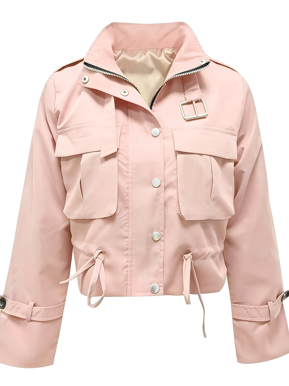 Veste Femme Courte Style Cargo – Col Montant, Poches & Taille Ajustable