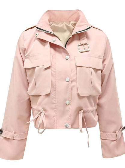 Veste Femme Courte Style Cargo – Col Montant, Poches & Taille Ajustable