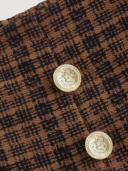 Pantalon Femme Large à Carreaux Marron  Taille Haute & Boutons Dorés