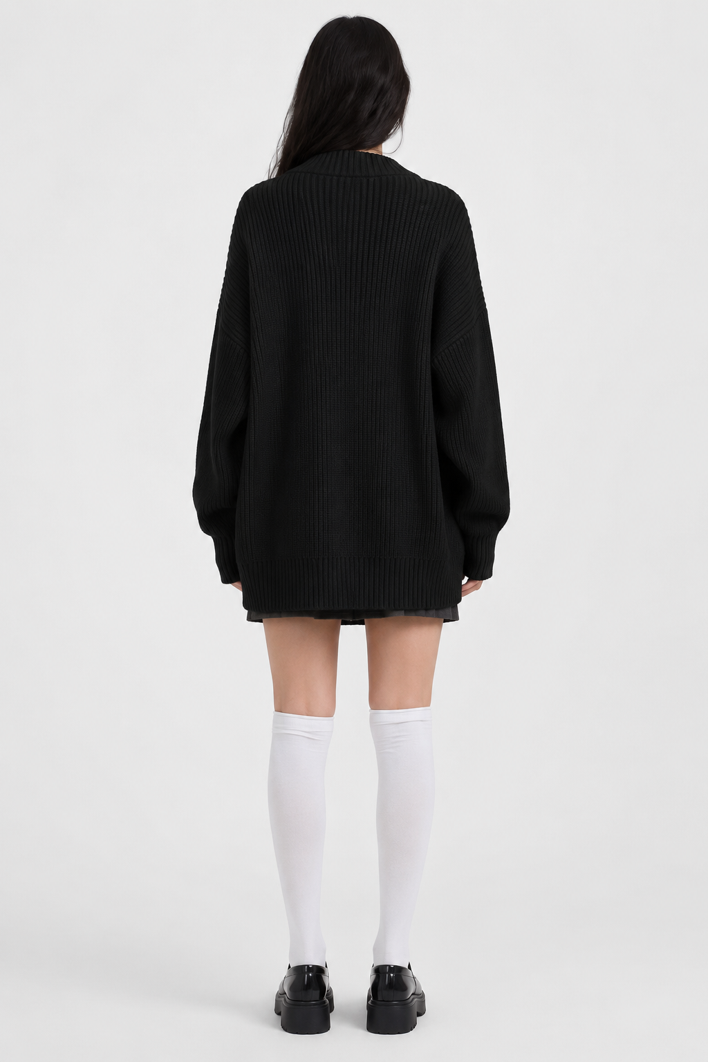 Koriora | "Alba" Oversized Long Ribbed Cardigan — Button-Through V-Neck with Patch Pockets, Black