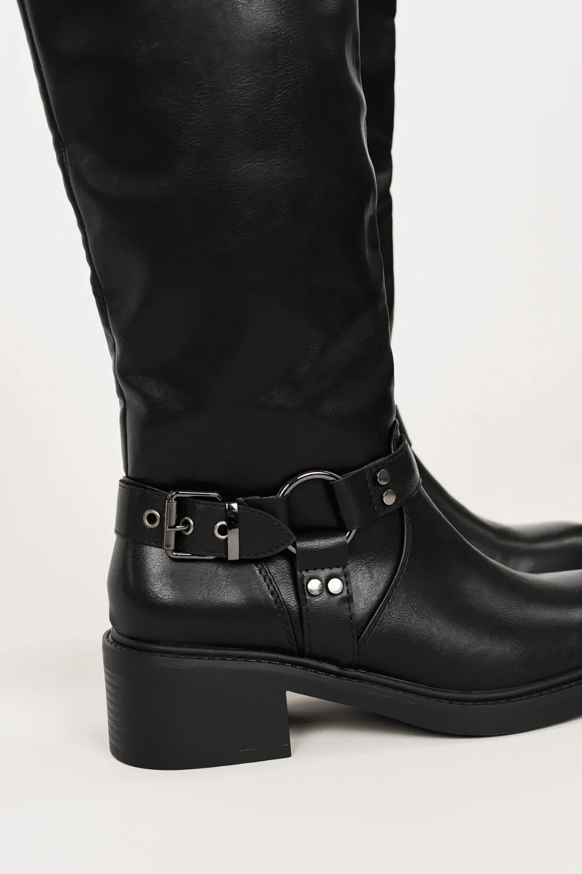 Women's Leather Equestrian Knee-High Boots with Buckles & Block Heel in Black