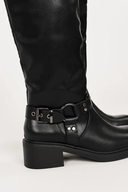 Women's Leather Equestrian Knee-High Boots with Buckles & Block Heel in Black
