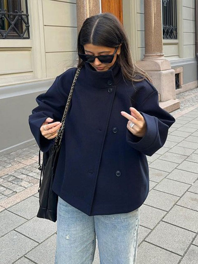 Veste Femme Courte Oversize à Col Montant  Boutonnée & Coupe Ample