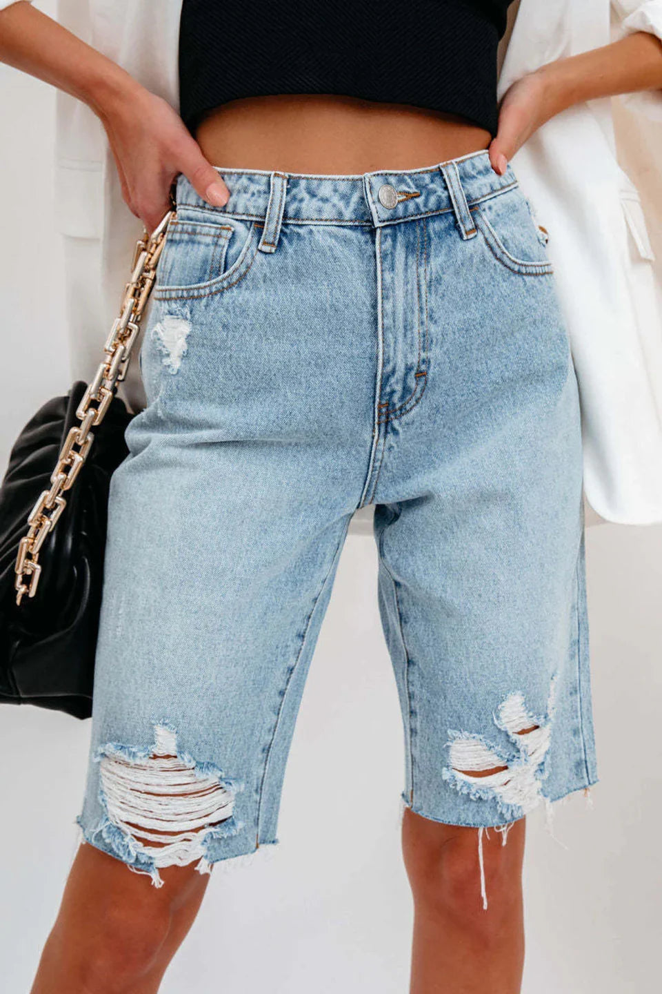 Koriora | Bermuda Jean Femme Destroy — Coupe Droite Taille Haute & Style Casual Authentique