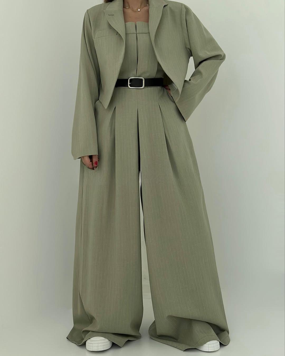 Koriora | Combinaison Tailleur 3 Pièces Noire — Bustier Structuré, Pantalon Large & Veste Coordonnée