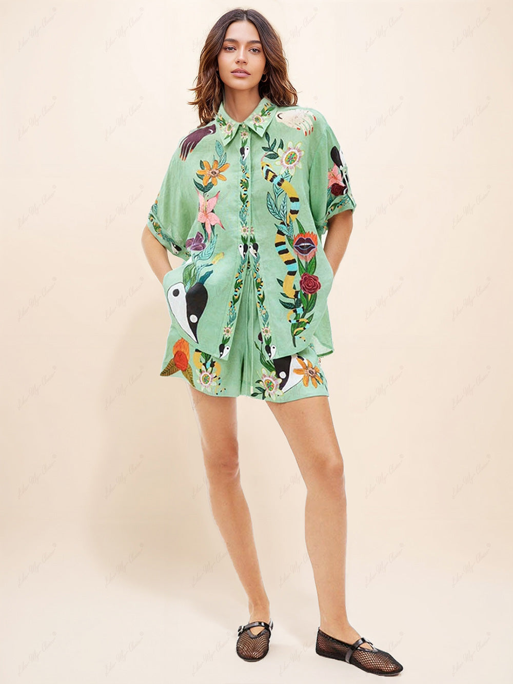 Koriora | Ensemble estival imprimé artistique – Chemise oversize et short