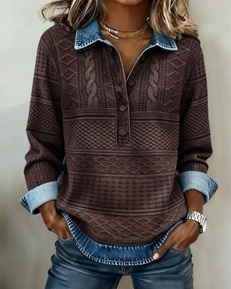 Koriora | Denim-Effect Knitted Polo-Neck Top — Half-Button Fastening and Relaxed Everyday Elegance