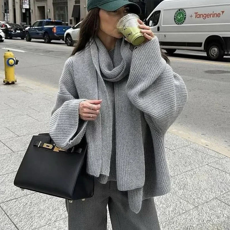 Oversized Scarf-Neck Knitted Jumper – Cosy Autumn-Winter Comfort, Multicolour