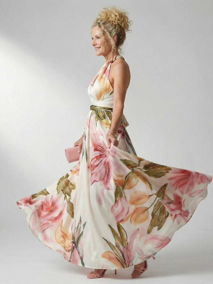 Koriora | Robe Maxi Halter Florale Grand Motif — Fluide & Élégante