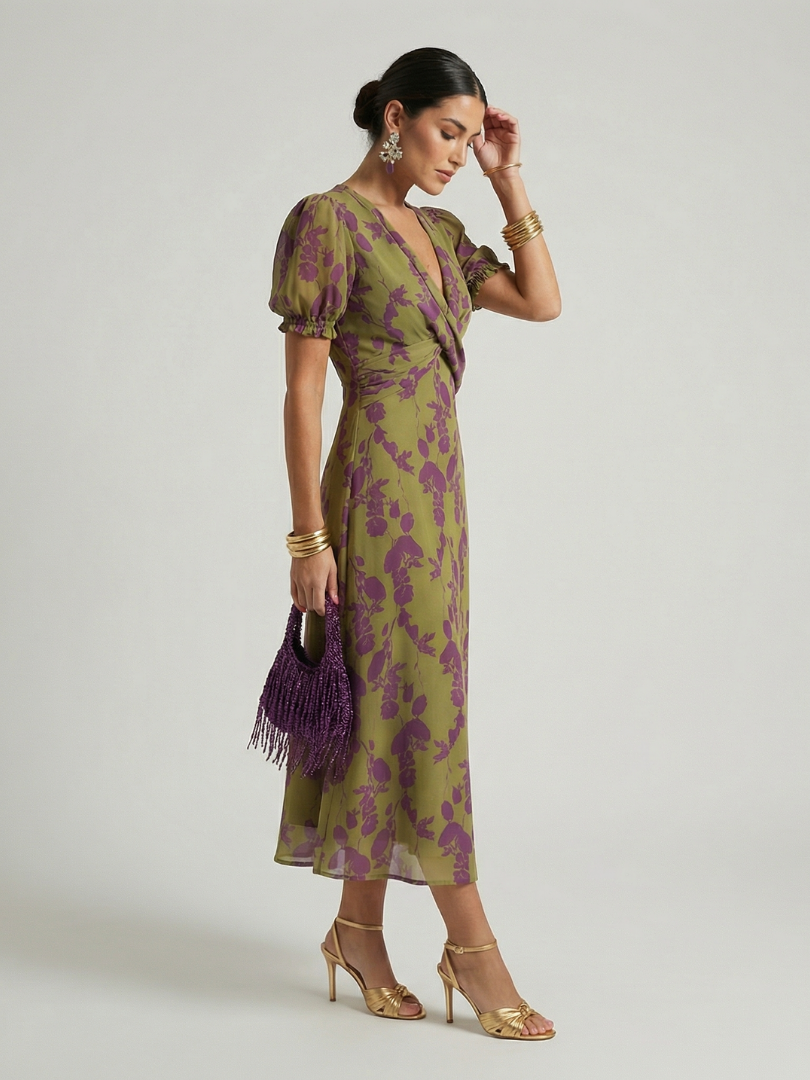 Koriora | Robe Midi Cache-Cœur Florale Manches Courtes — Confort & Élégance Quotidienne