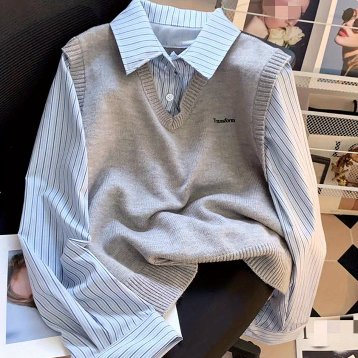 Ensemble 2 Pièces Femme – Chemise Rayée & Gilet en Maille à Col V