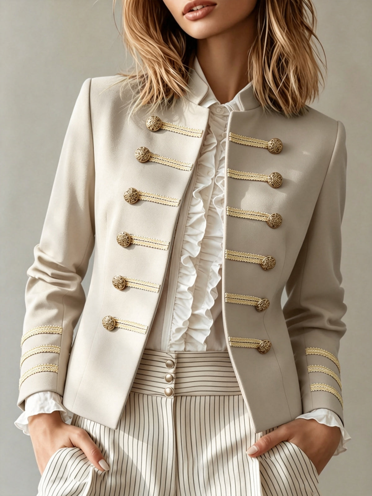 Women's Structured Blazer with Gold-Tone Buttons and Trim