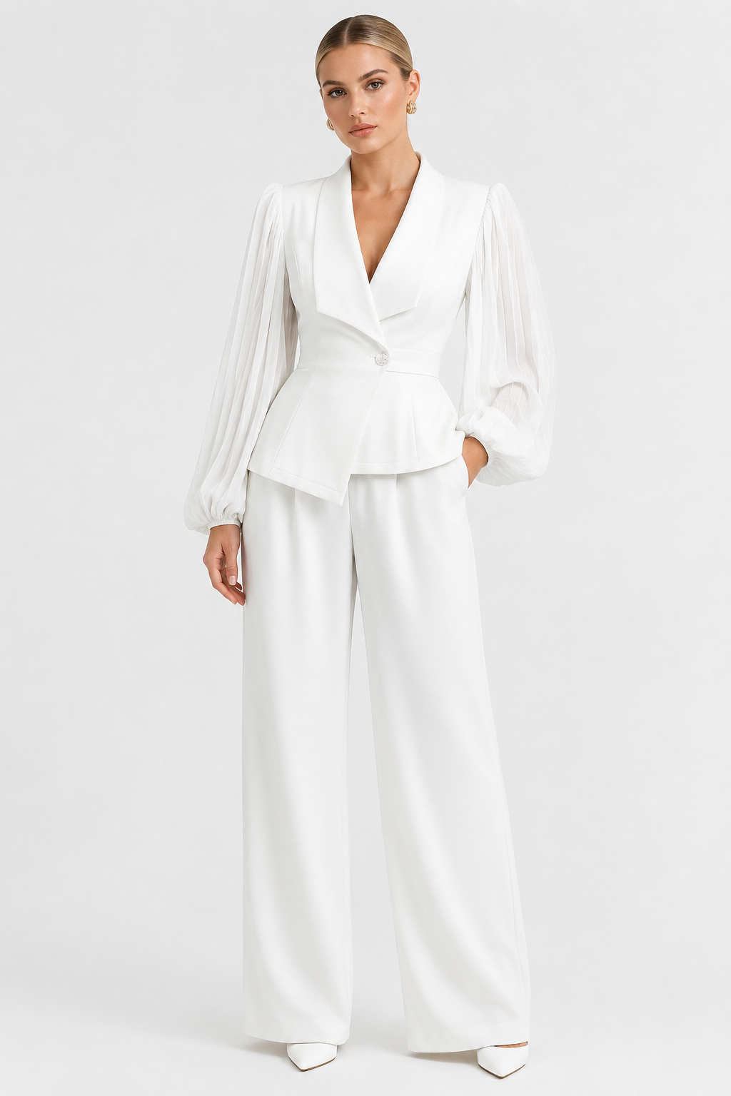 Koriora | Ensemble Blazer Cintré & Pantalon Large Femme — Manches Transparentes & Élégance Romantique