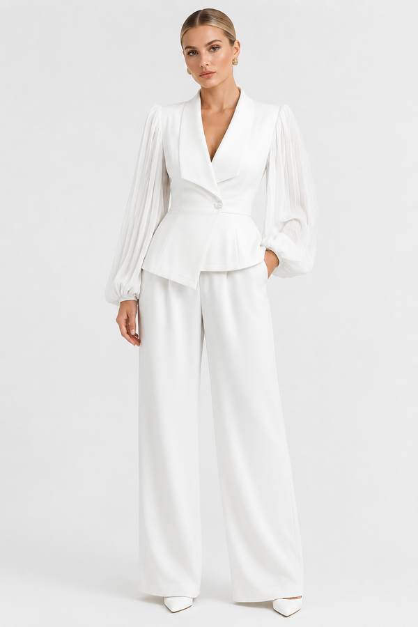 Koriora | Ensemble Blazer Cintré & Pantalon Large Femme — Manches Transparentes & Élégance Romantique