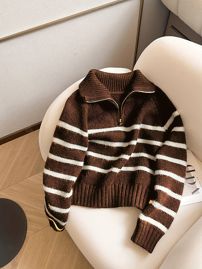Pull Femme Rayé à Col Zippé en Maille Épaisse