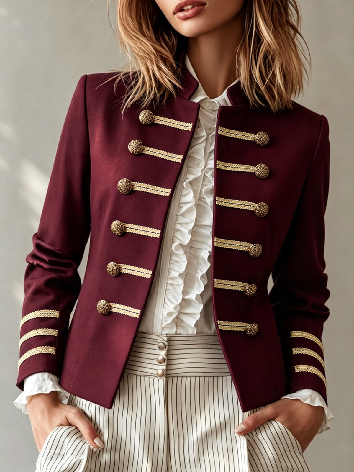 Women's Structured Blazer with Gold-Tone Buttons and Trim