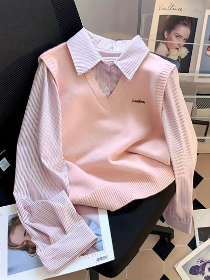 Ensemble 2 Pièces Femme – Chemise Rayée & Gilet en Maille à Col V