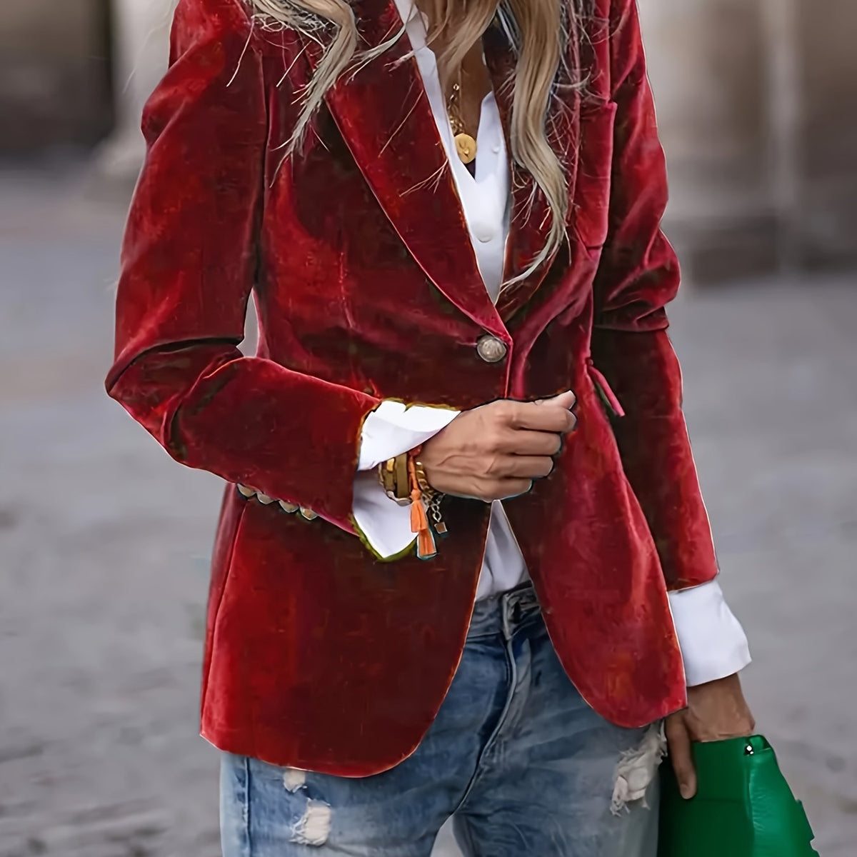 Women's Fitted Velvet-Effect Blazer with Lapel Collar